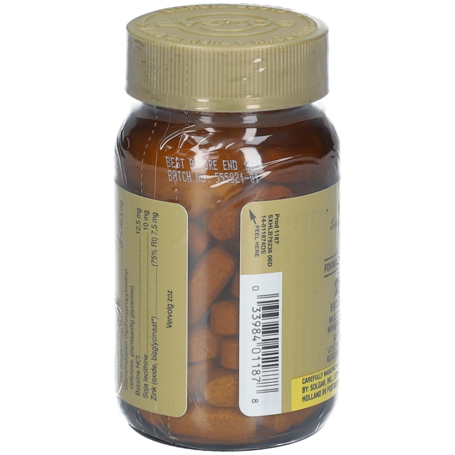 Achterkant bruine glazen fles met tabletten. Etiket met ingrediënten en batchnummer. Gouden dop, transparante folie.