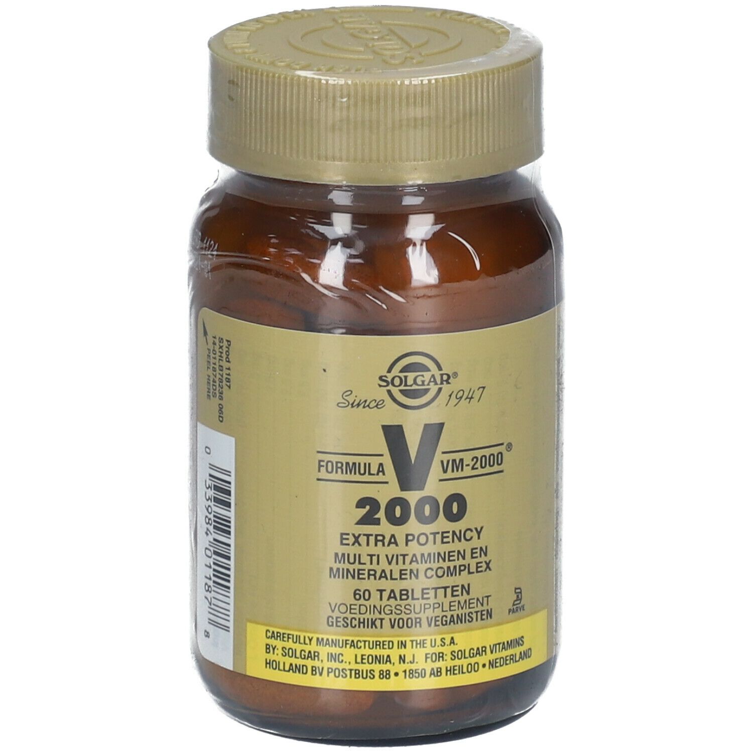 Bruine glazen fles SOLGAR® VM-2000® tabletten. Gouden dop, transparante folie. Opschrift: Extra Potency, 60 tabletten.
