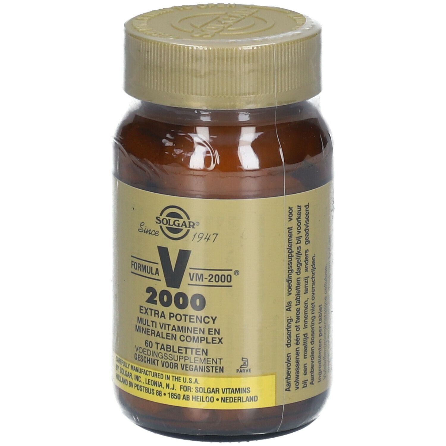Bruine glazen fles SOLGAR® VM-2000® tabletten. Gouden dop, transparante folie. Opschrift: Extra Potency, 60 tabletten.