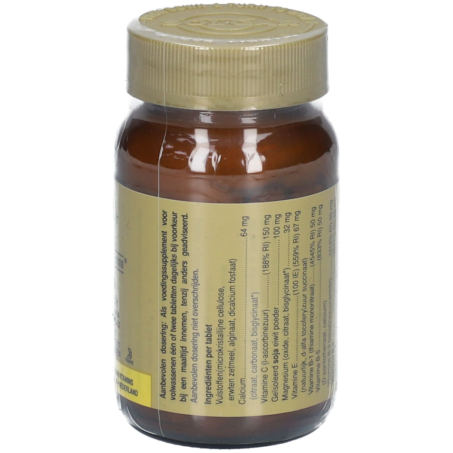 Achterkant bruine glazen fles met ingrediënten. Gouden dop, transparante folie. Meertalige tekst.