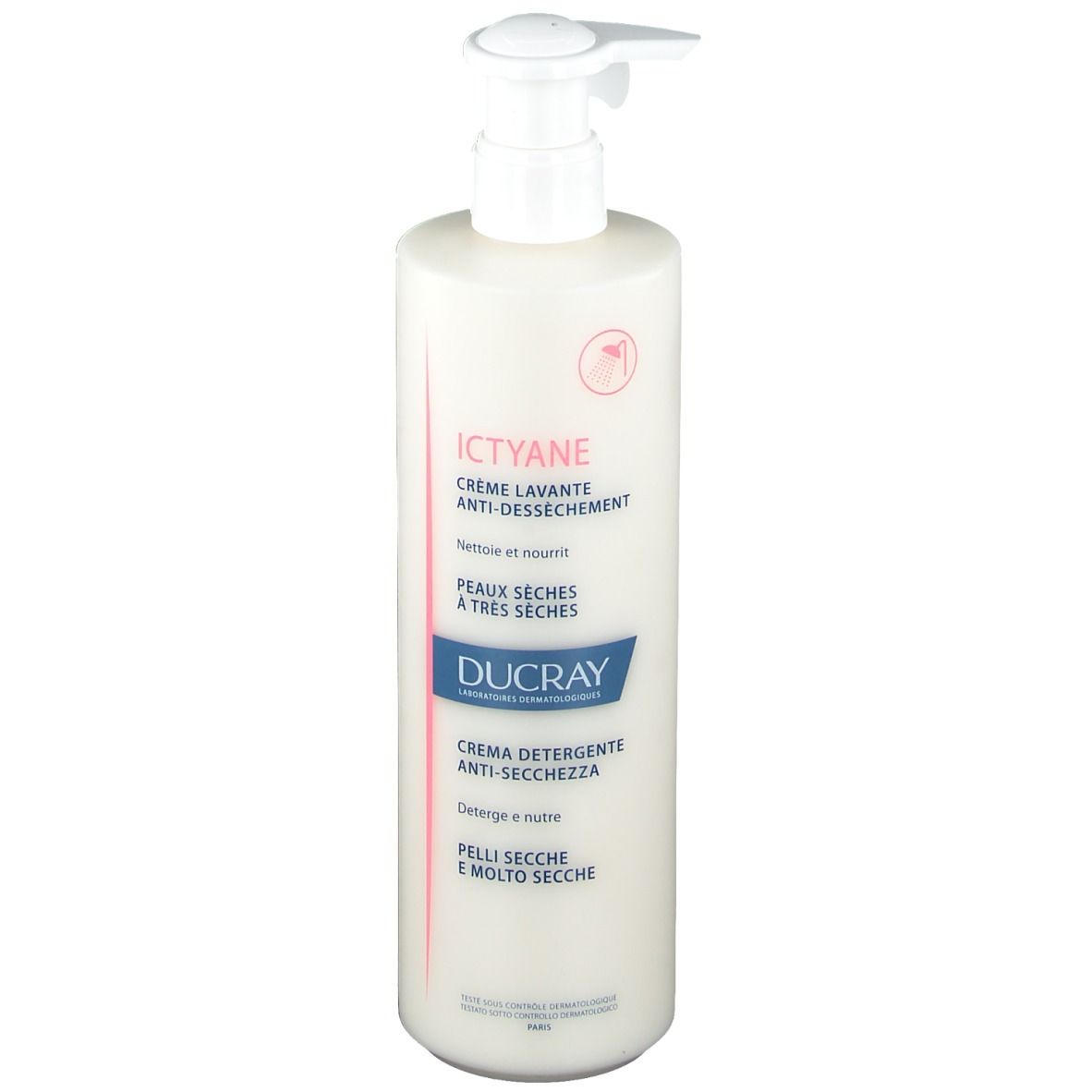 Flacon de crème avec pompe. Inscriptions : Ictyane, Ducray. Pour peaux sèches. Inscriptions en français, italien et allemand.
