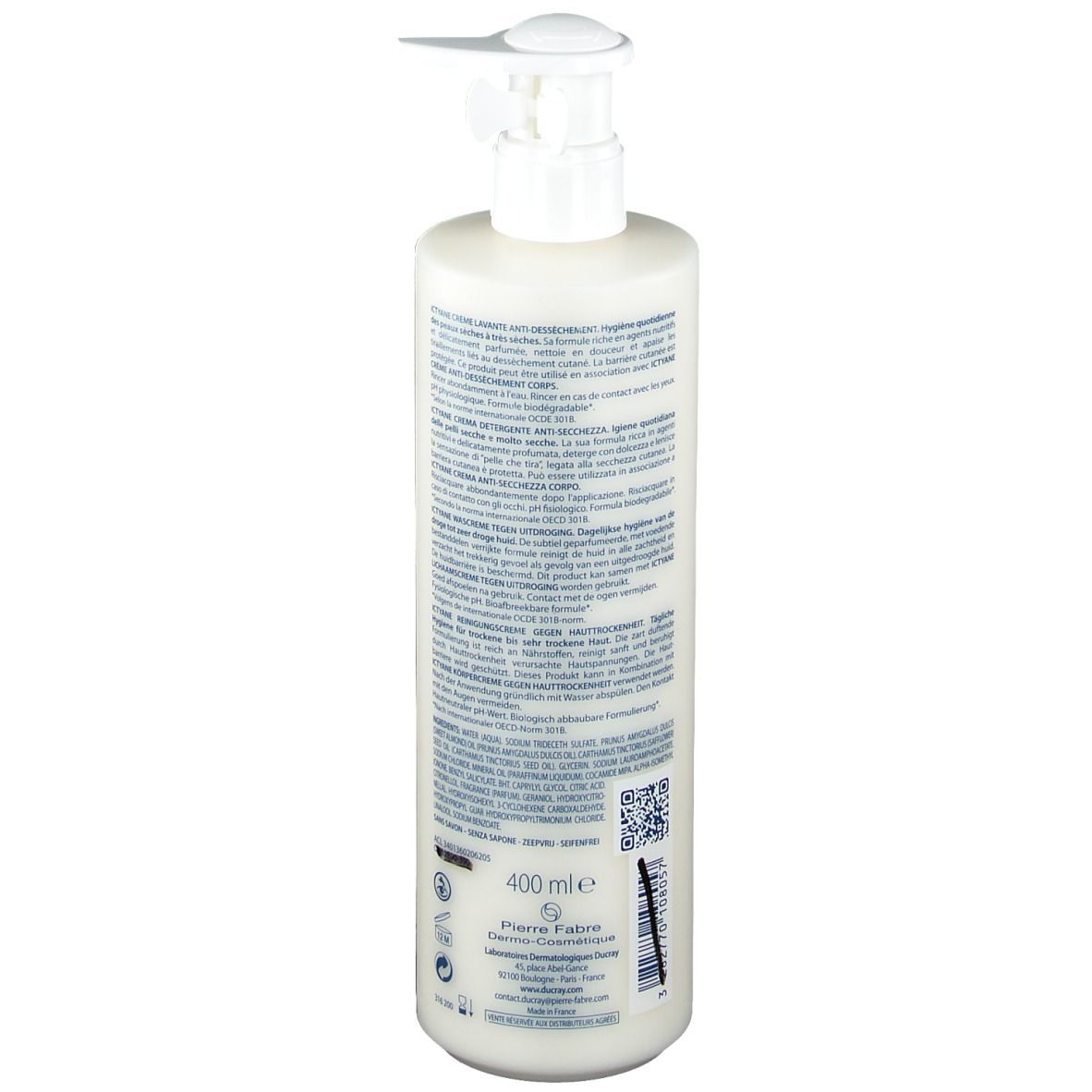 Flacon de crème avec pompe. Dos avec texte multilingue. Volume : 400 ml. Marque : Ducray.