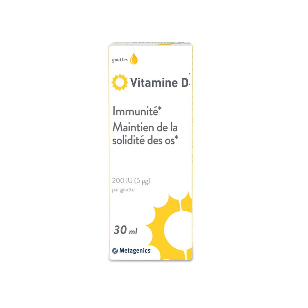 Flacon de Vitamine D en gouttes. Informations sur l'emballage. Marque Metagenics.