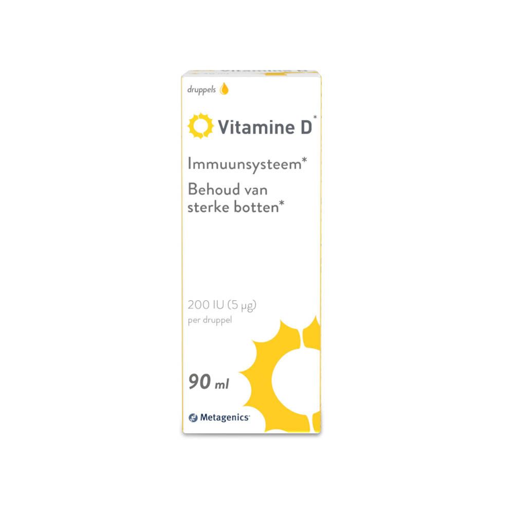 Doos Vitamine D. Opschriften: Vitamine D, immuunsysteem, sterke botten, 90 ml, Metagenics.