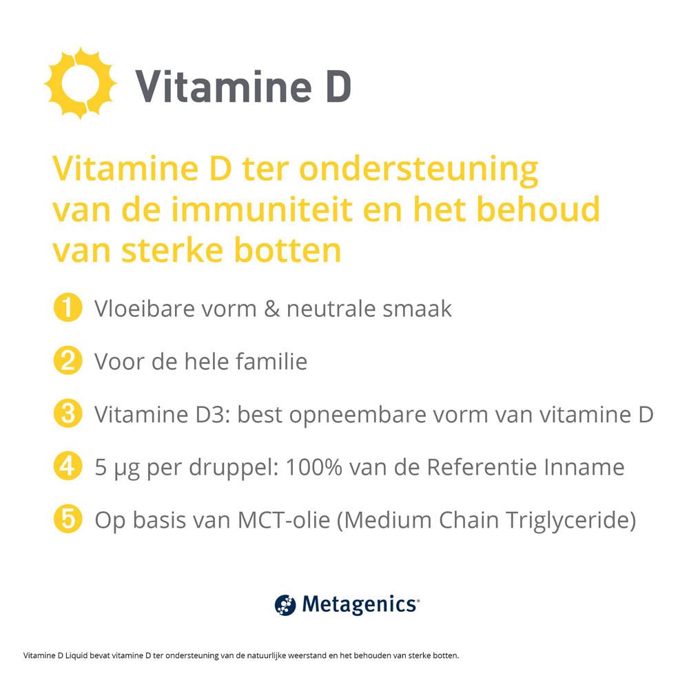 Doos Vitamine D. Opschriften: Vitamine D, immuunsysteem, sterke botten, 90 ml, Metagenics.