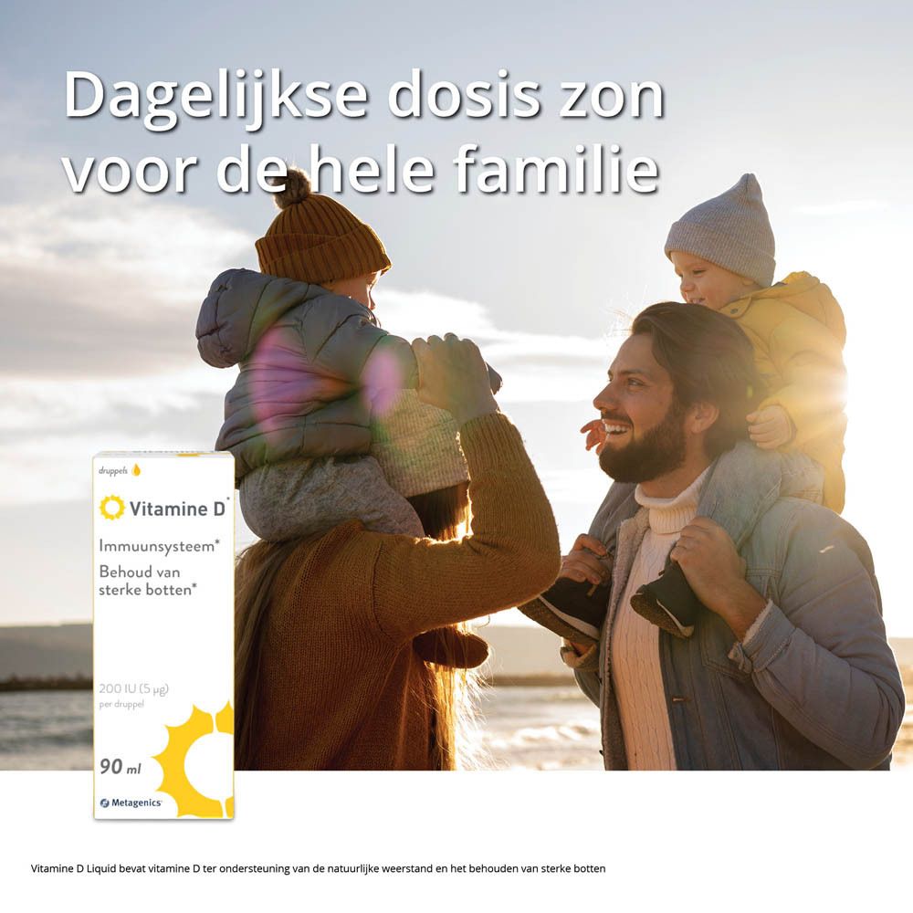 Doos Vitamine D. Opschriften: Vitamine D, immuunsysteem, sterke botten, 90 ml, Metagenics.