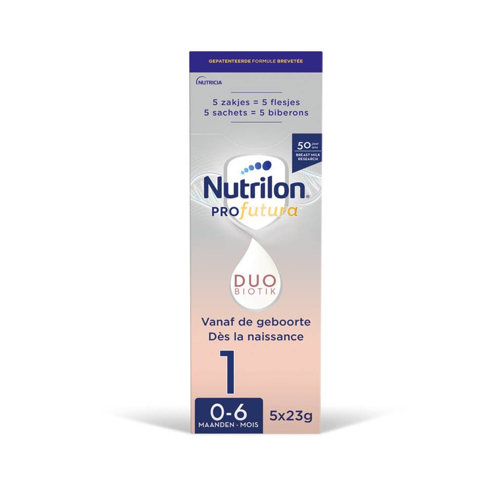 Boîte de Nutrilon Profutura 1, 0-6 mois. Duo Biotik. Emballage bleu et blanc.