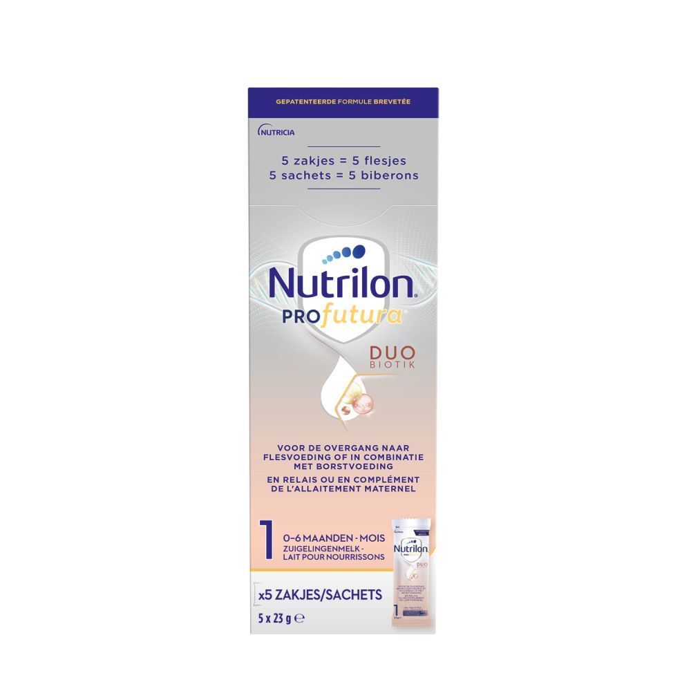 Boîte de Nutrilon Profutura 1, 5 sachets, 0-6 mois. Duo Biotik. Emballage bleu et blanc.