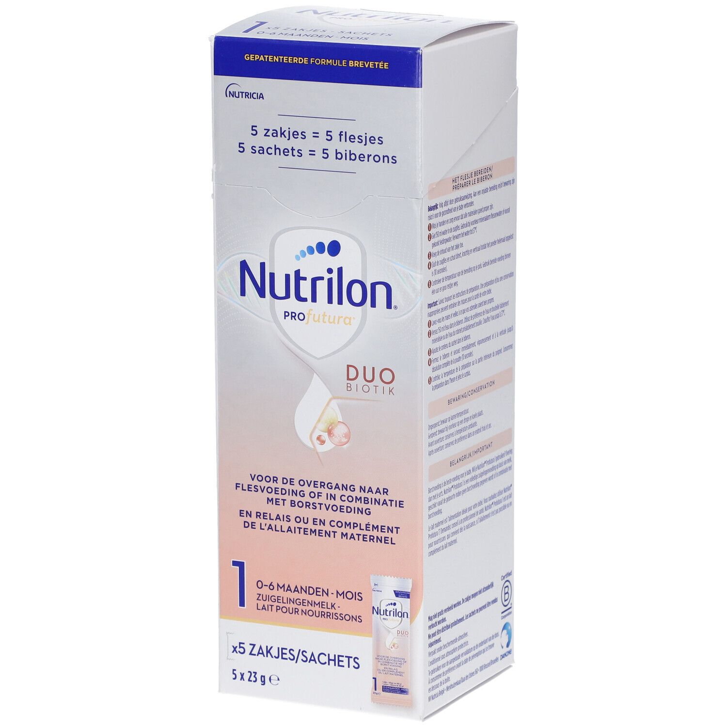 Boîte de Nutrilon Profutura 1, 5 sachets, 0-6 mois. Duo Biotik. Emballage bleu et blanc.