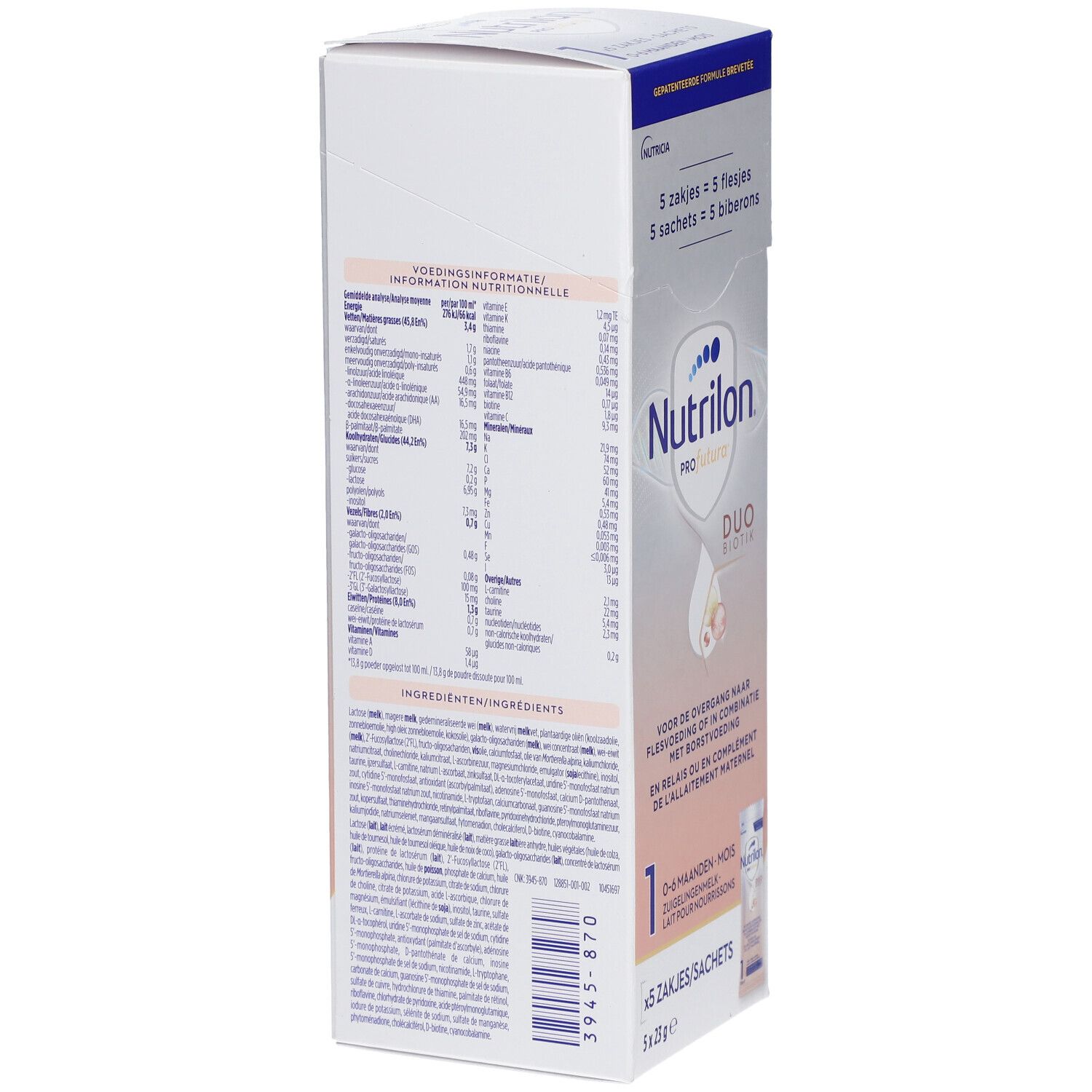 Dos de l'emballage de Nutrilon Profutura 1. Informations nutritionnelles et ingrédients.