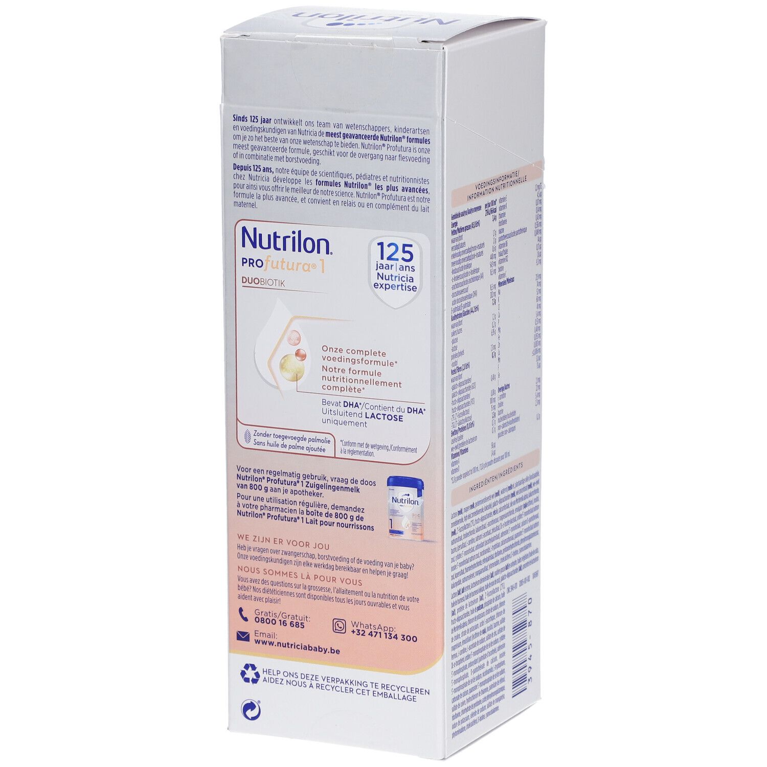 Dos de l'emballage de Nutrilon Profutura 1. Informations sur la préparation et la conservation.