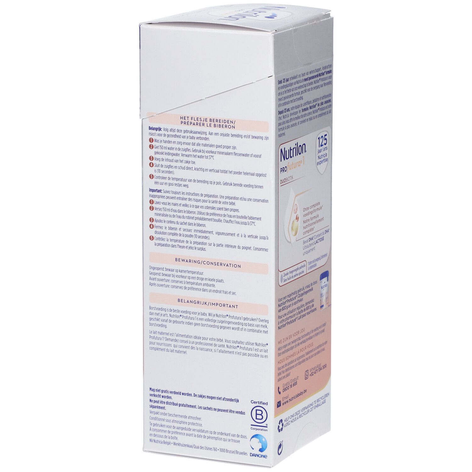 Dos de l'emballage de Nutrilon Profutura 1. Informations sur la préparation et la conservation.
