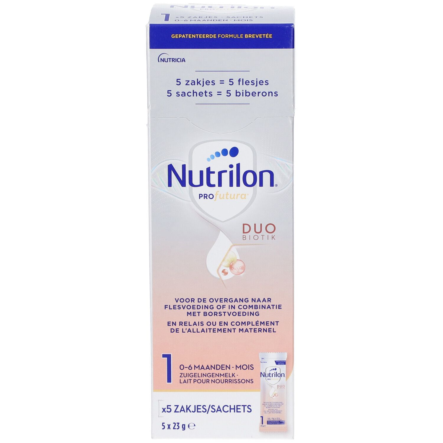 Boîte de Nutrilon Profutura 1, 5 sachets, 0-6 mois. Duo Biotik. Emballage bleu et blanc.