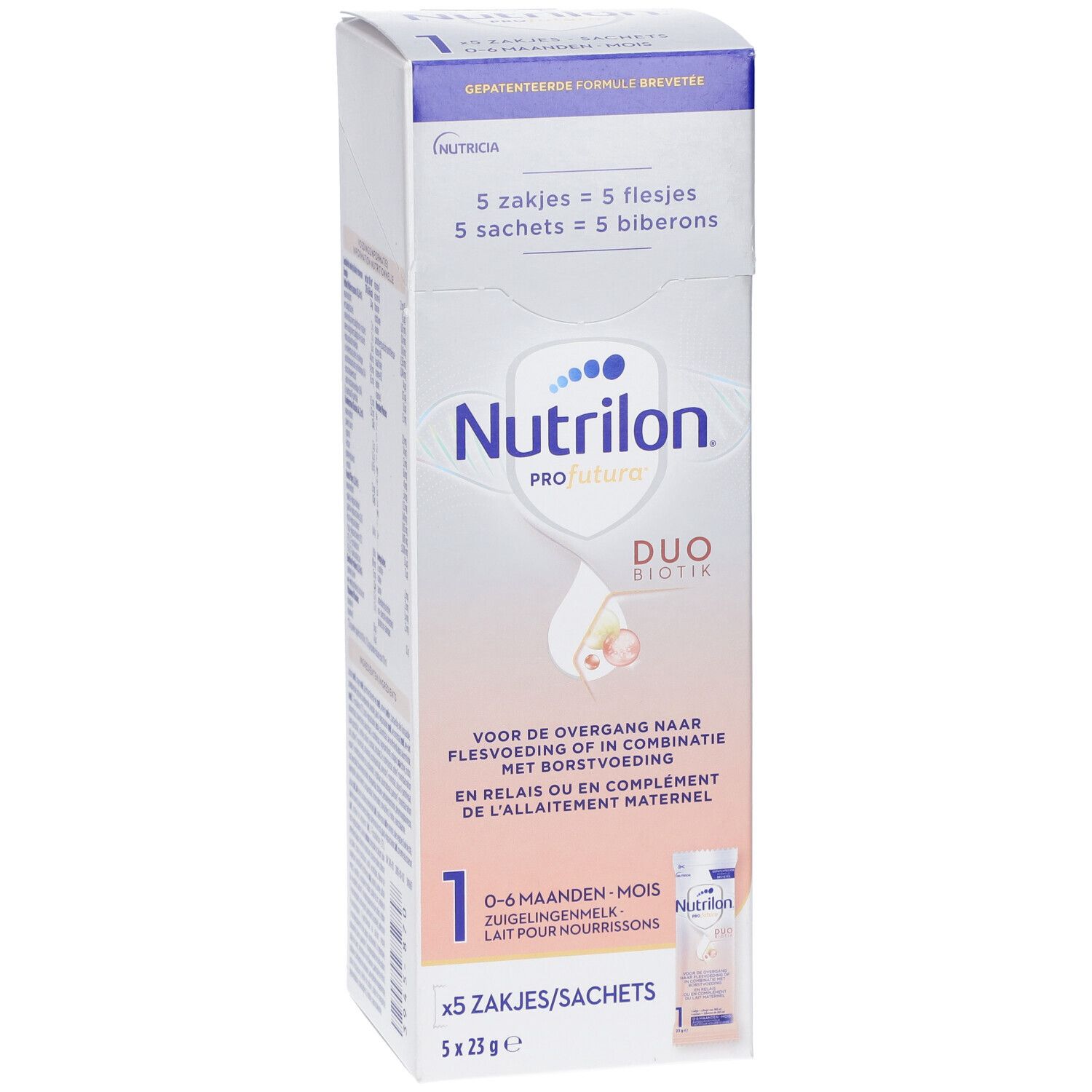 Boîte de Nutrilon Profutura 1, 5 sachets, 0-6 mois. Duo Biotik. Emballage bleu et blanc.