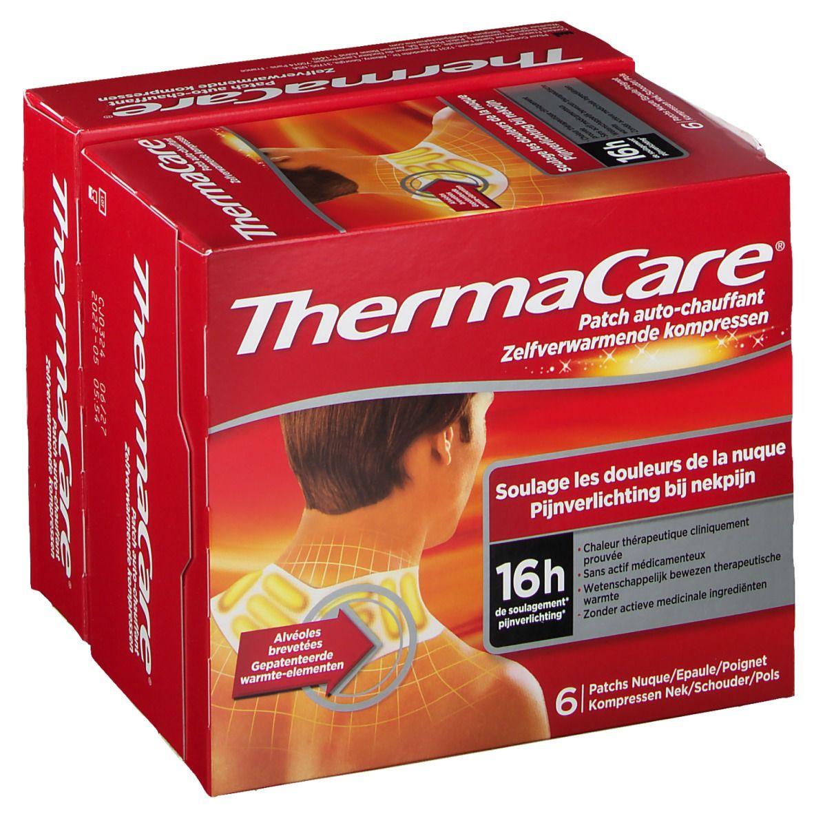Emballage rouge ThermaCare. Texte: Patch auto-chauffant. Illustration du cou avec patchs chauffants. 6 unités.