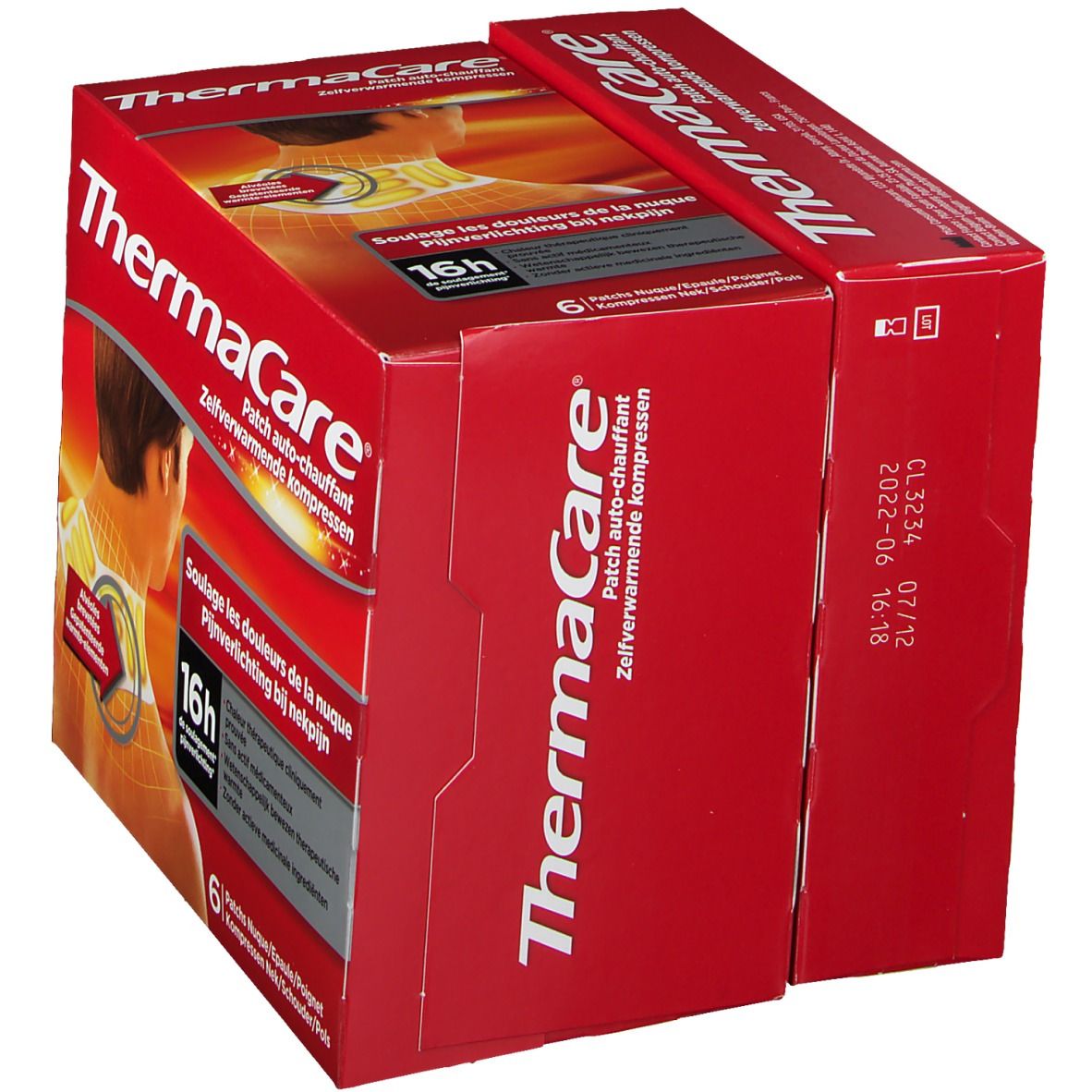 Emballage rouge ThermaCare. Texte: Patch auto-chauffant. Illustration du cou. 16h soulagement. 6 unités. Date limite.