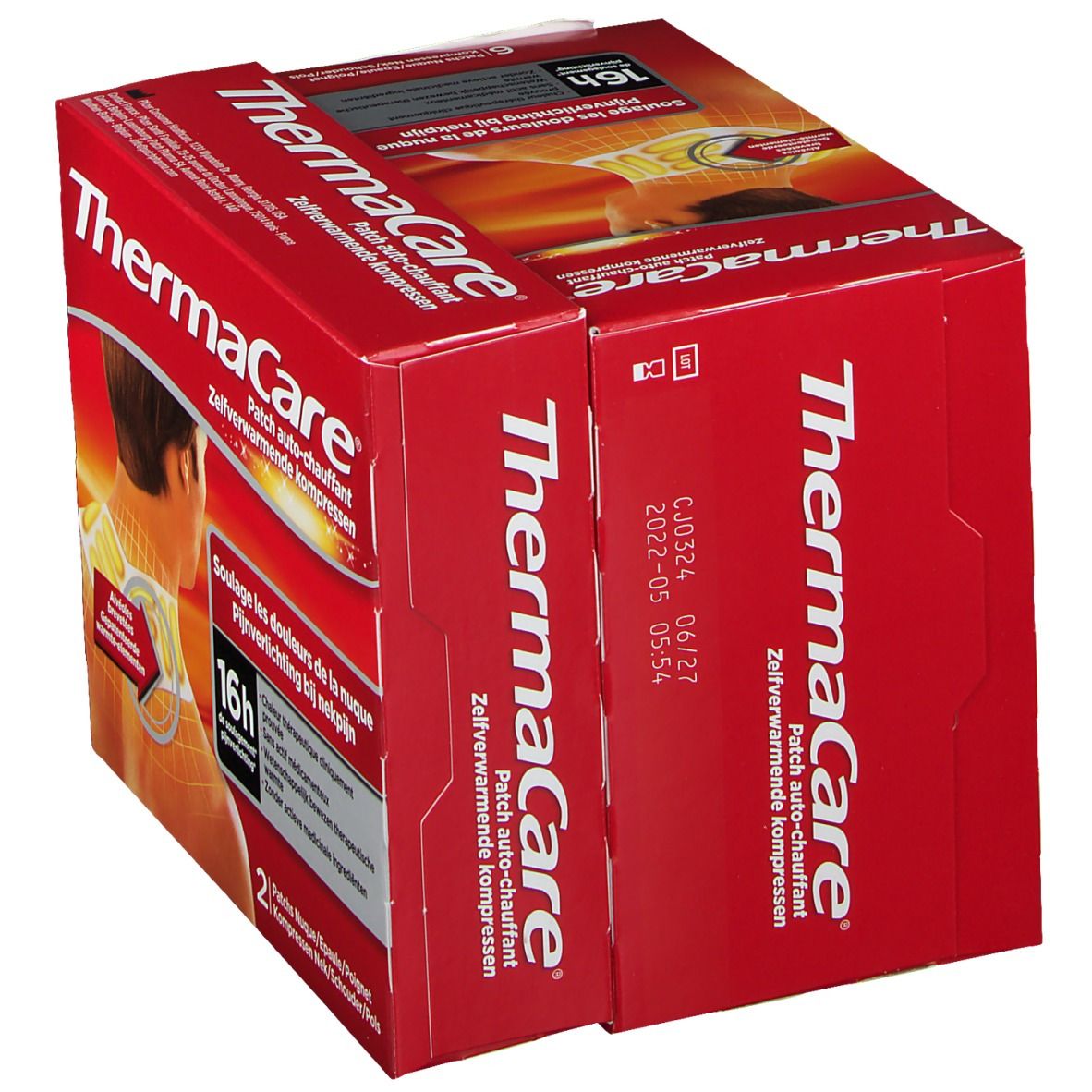 Emballage rouge ThermaCare. Texte: Patch auto-chauffant. Illustration du cou. 16h soulagement. 6 unités. Date limite.