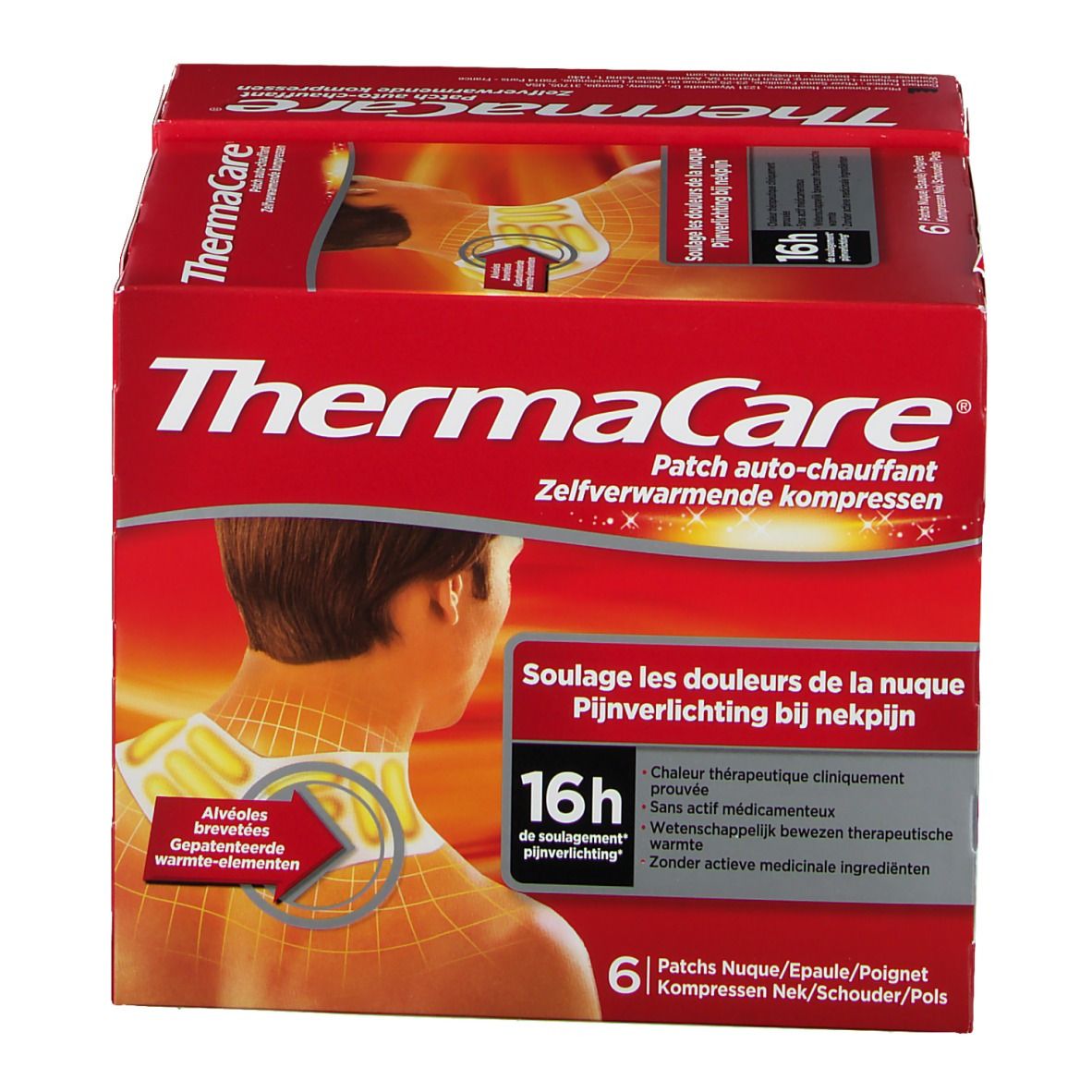 Emballage rouge ThermaCare. Texte: Patch auto-chauffant. Illustration du cou avec patchs. 16h soulagement. 6 unités.