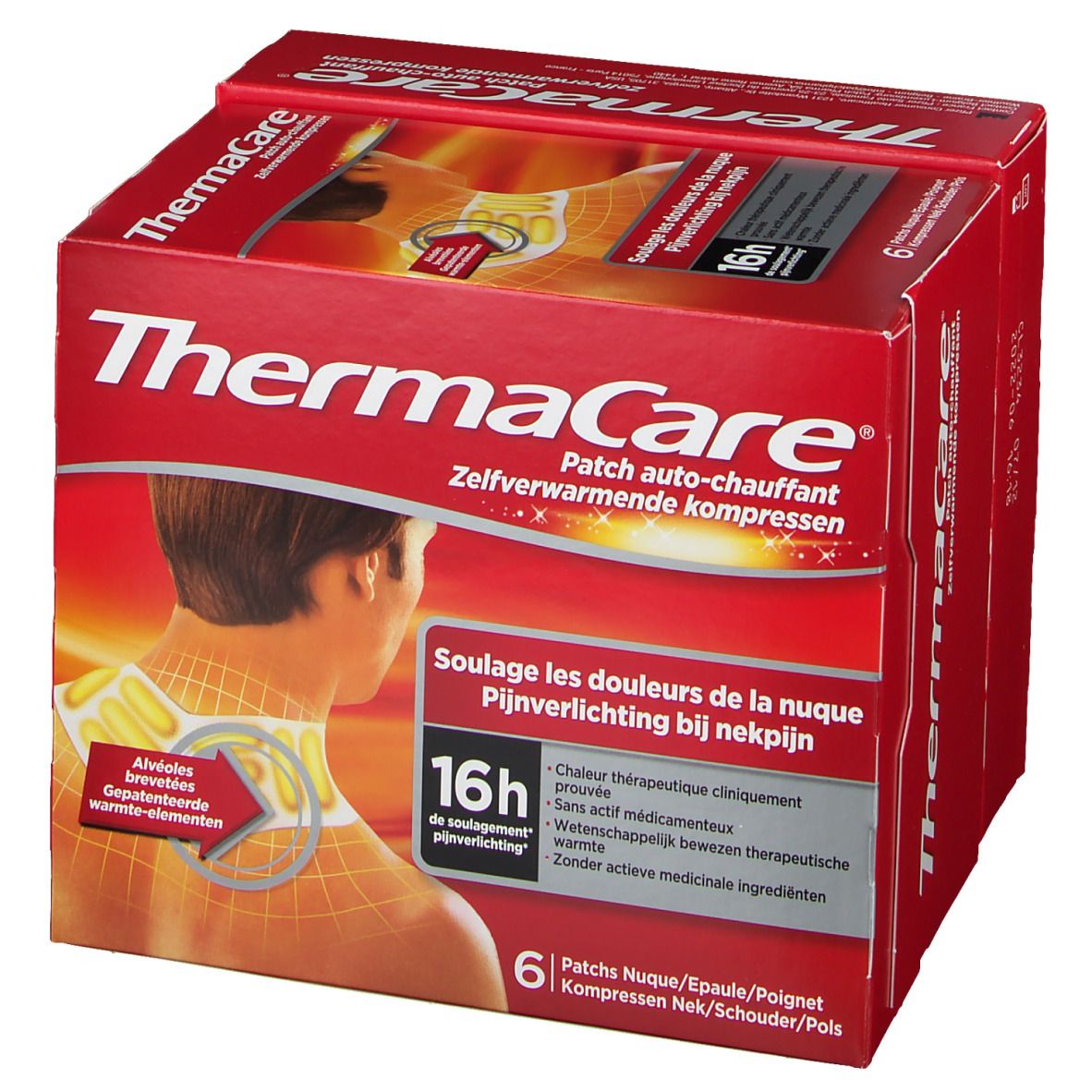 Emballage rouge ThermaCare. Texte: Patch auto-chauffant. Illustration du cou avec patchs. 16h soulagement. 6 unités.