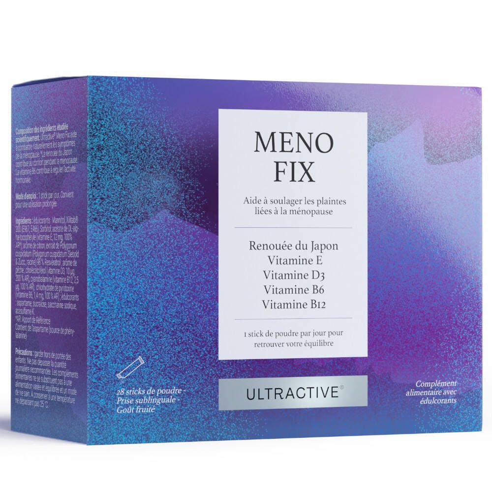 Blauw-paarse doos met "MENOFIX" en "ULTRACTIVE". Bevat 28 poedersticks. Opschrift: Japanse Duizendknoop, Vitamine E, D3, B6, B12.