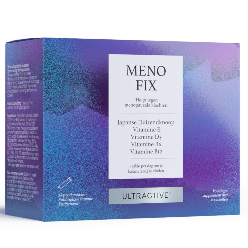 Blauw-paarse doos met "MENOFIX" en "ULTRACTIVE". Bevat 28 poedersticks. Opschrift: Japanse Duizendknoop, Vitamine E, D3, B6, B12.