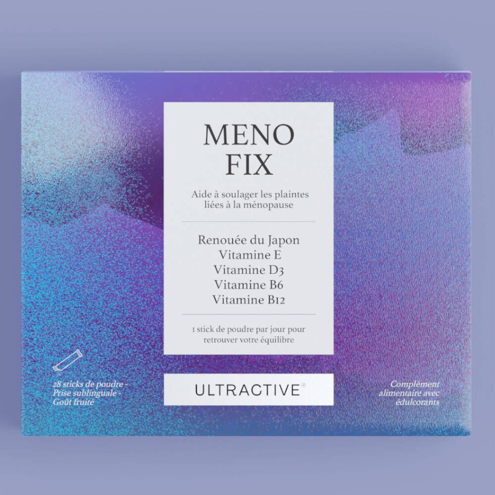 Blauw-paarse doos met "MENOFIX" en "ULTRACTIVE". Bevat 28 poedersticks. Opschrift: Japanse Duizendknoop, Vitamine E, D3, B6, B12.