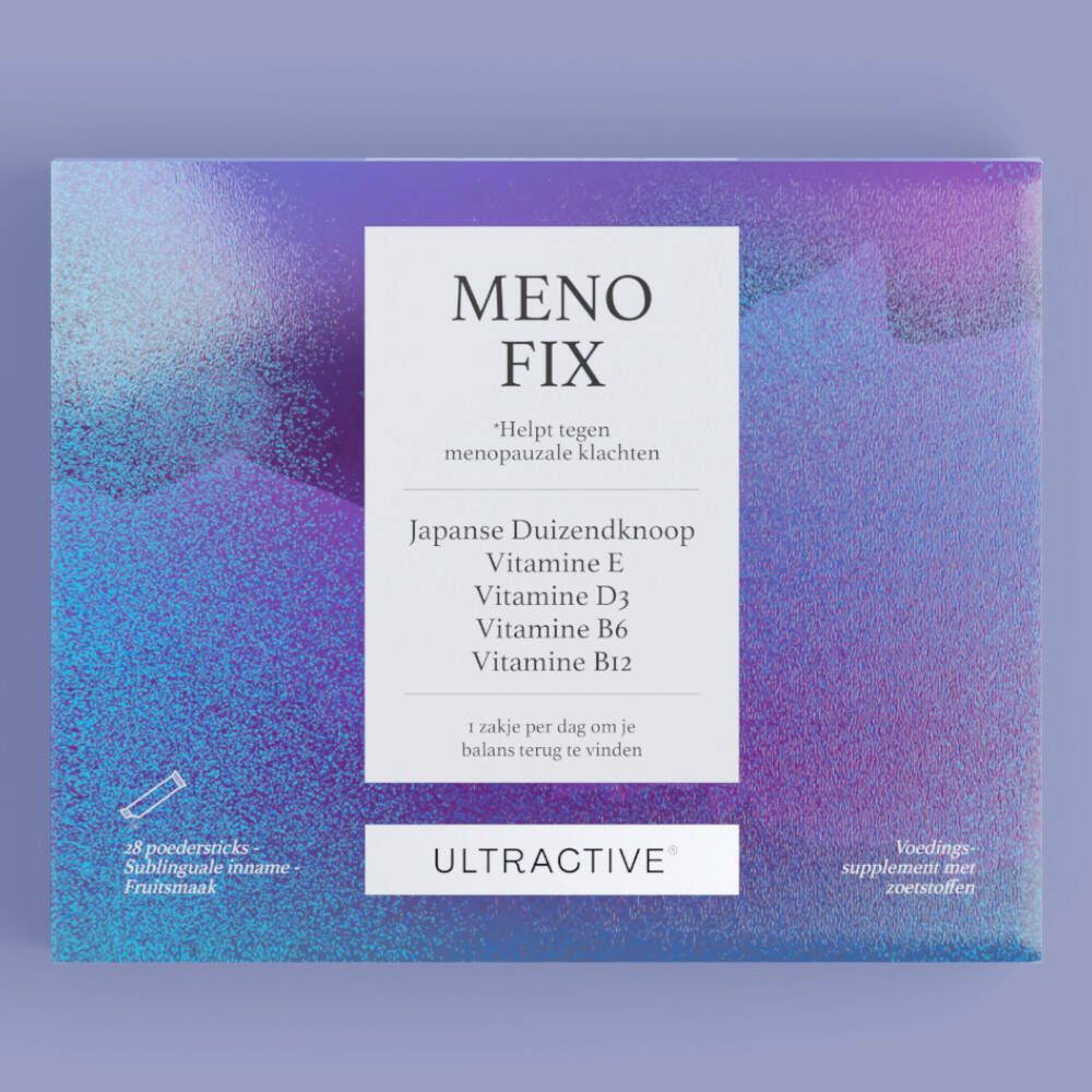 Blauw-paarse doos met "MENOFIX" en "ULTRACTIVE". Bevat 28 poedersticks. Opschrift: Japanse Duizendknoop, Vitamine E, D3, B6, B12.