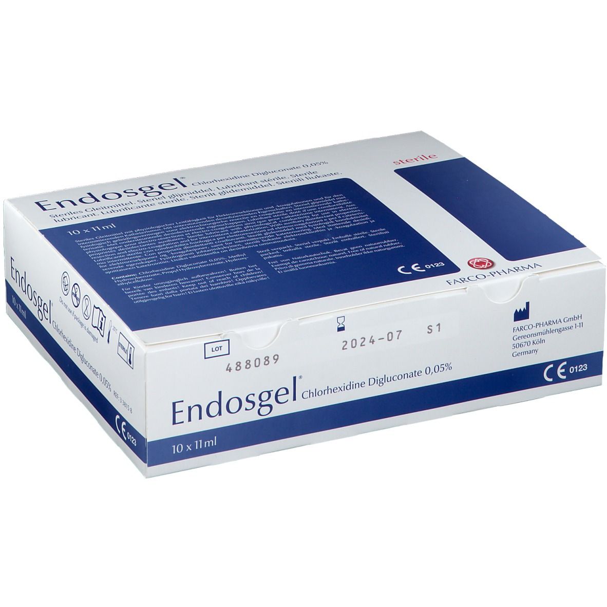 Boîte "Endosgel", emballage bleu et blanc. Contient du digluconate de chlorhexidine 0,05%. Marquage CE.