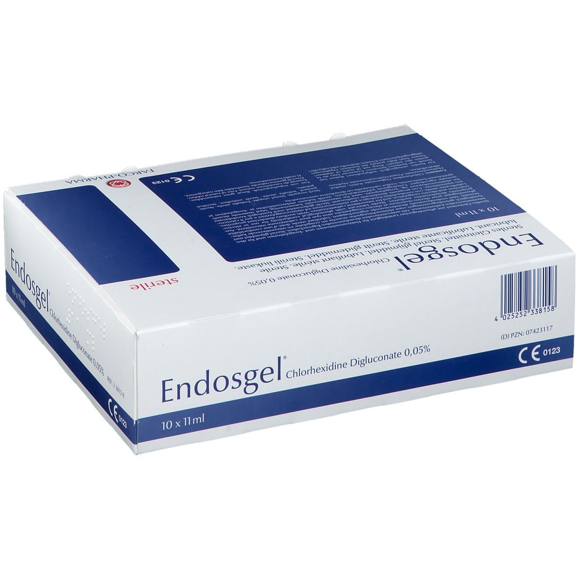 Boîte "Endosgel", emballage bleu et blanc. Contient du digluconate de chlorhexidine 0,05%. Marquage CE.
