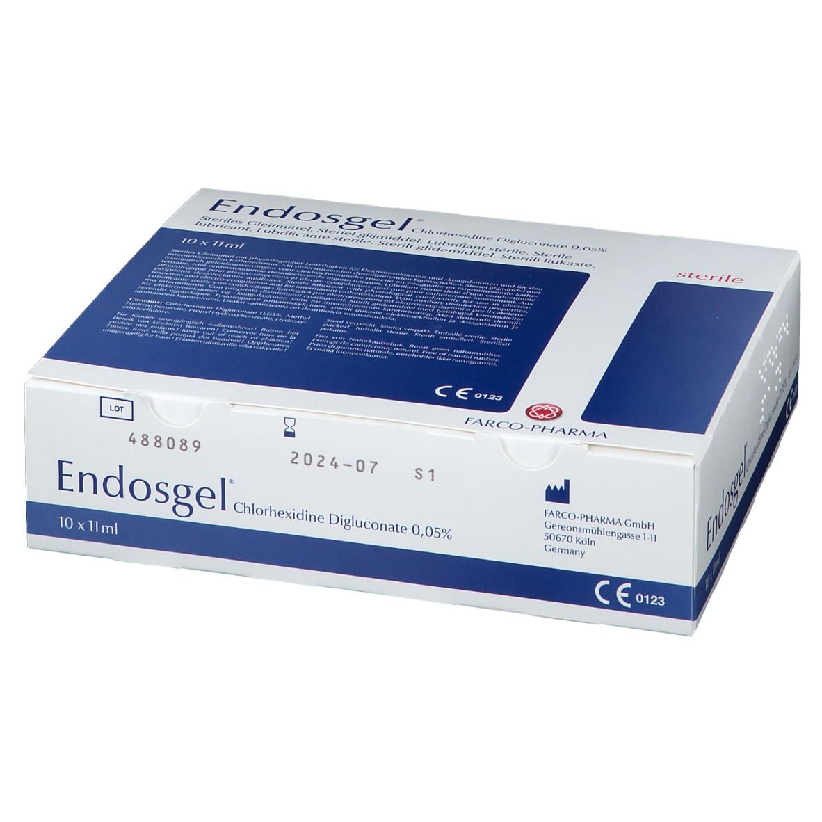 Boîte "Endosgel", emballage bleu et blanc. Contient du digluconate de chlorhexidine 0,05%. Marquage CE.