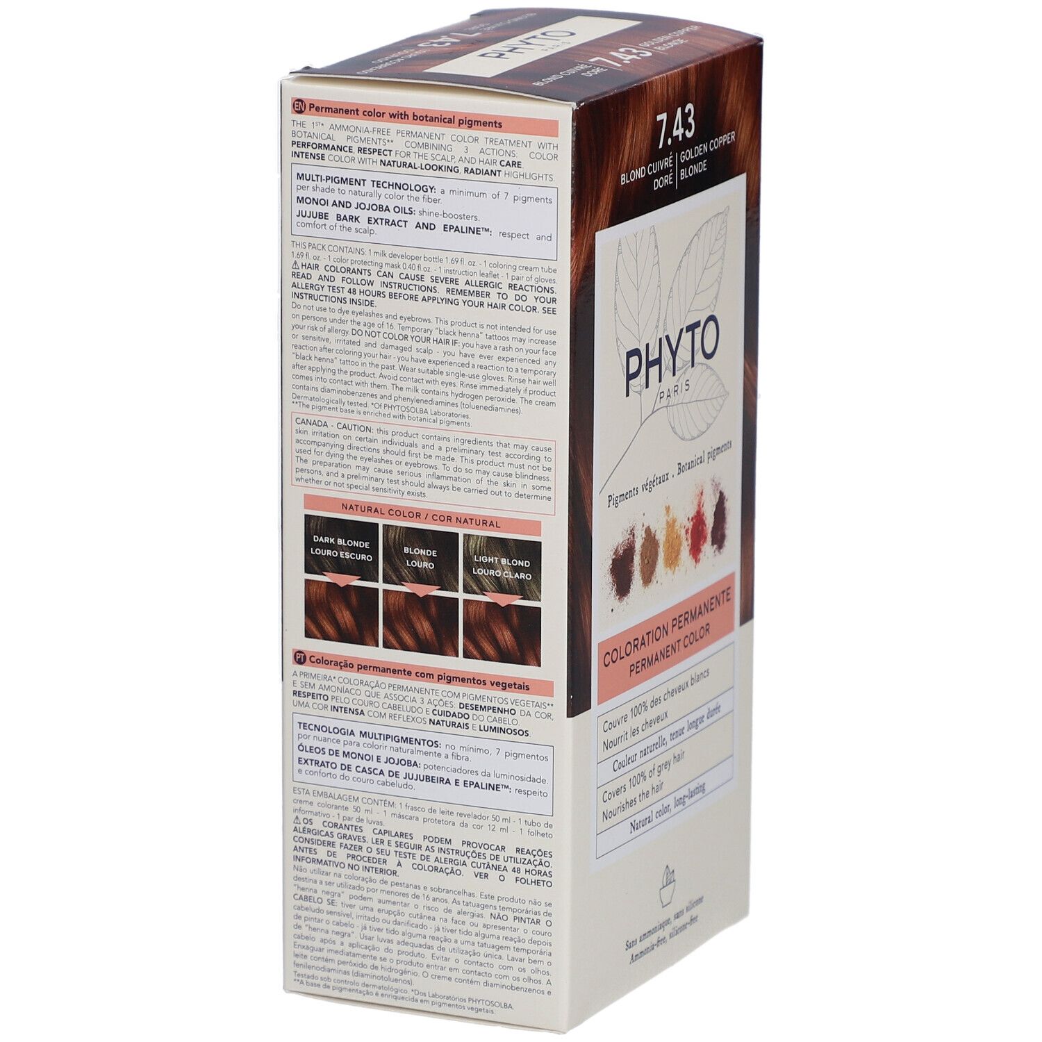 Verpackung der Haarfarbe 7.43 Blond Cuivré Doré. Produktinformationen und Marke PHYTO PARIS.