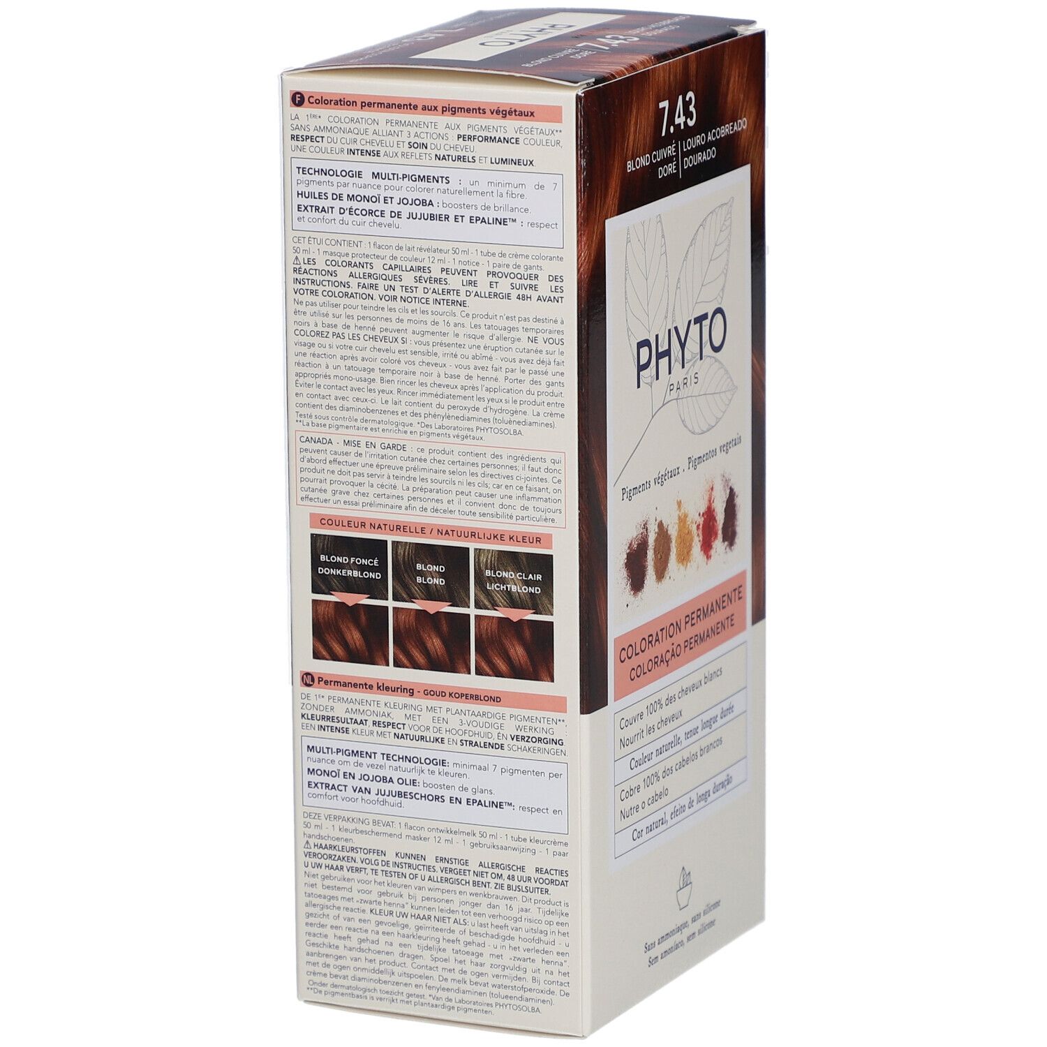 Verpackung der Haarfarbe 7.43 Blond Cuivré Doré. Marke PHYTO PARIS und Produktinformationen.