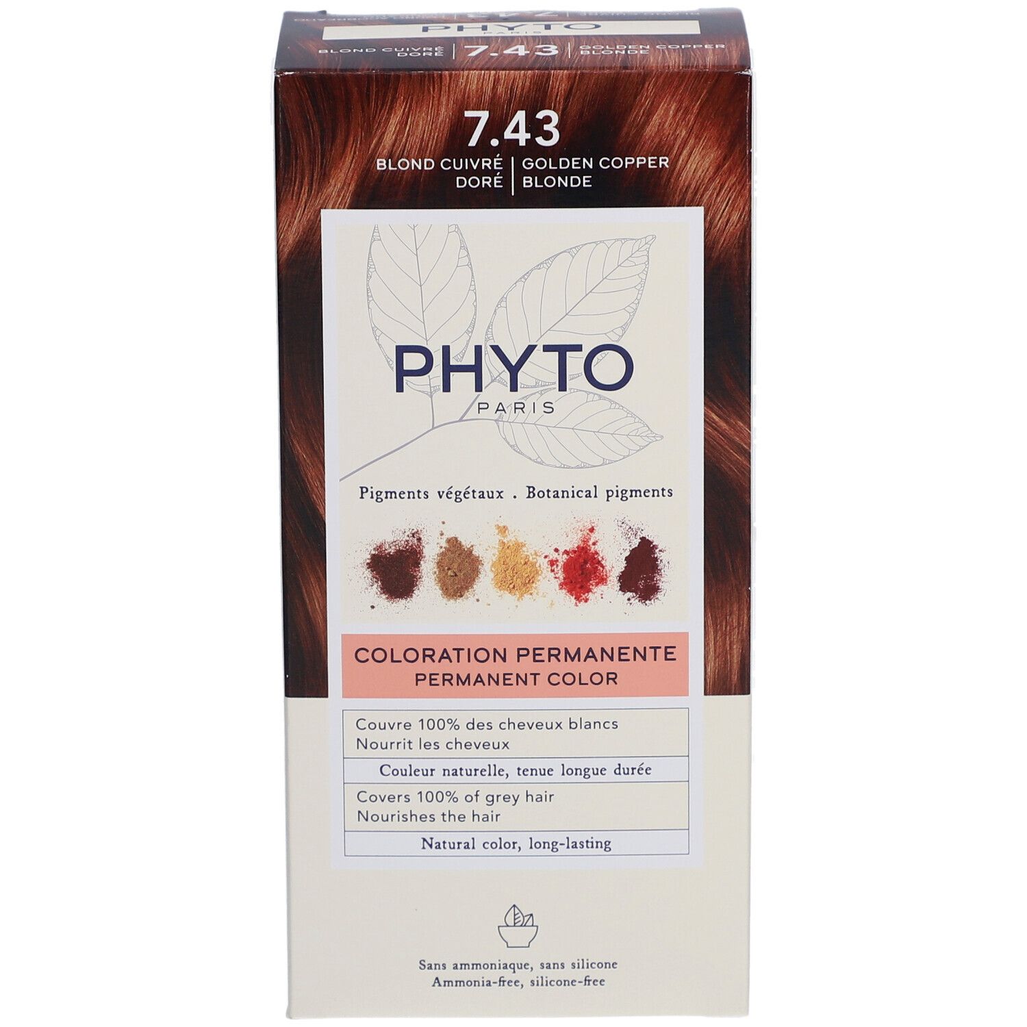 Haarfarbenverpackung 7.43 Blond Cuivré Doré. Marke PHYTO PARIS und Produktinformationen.
