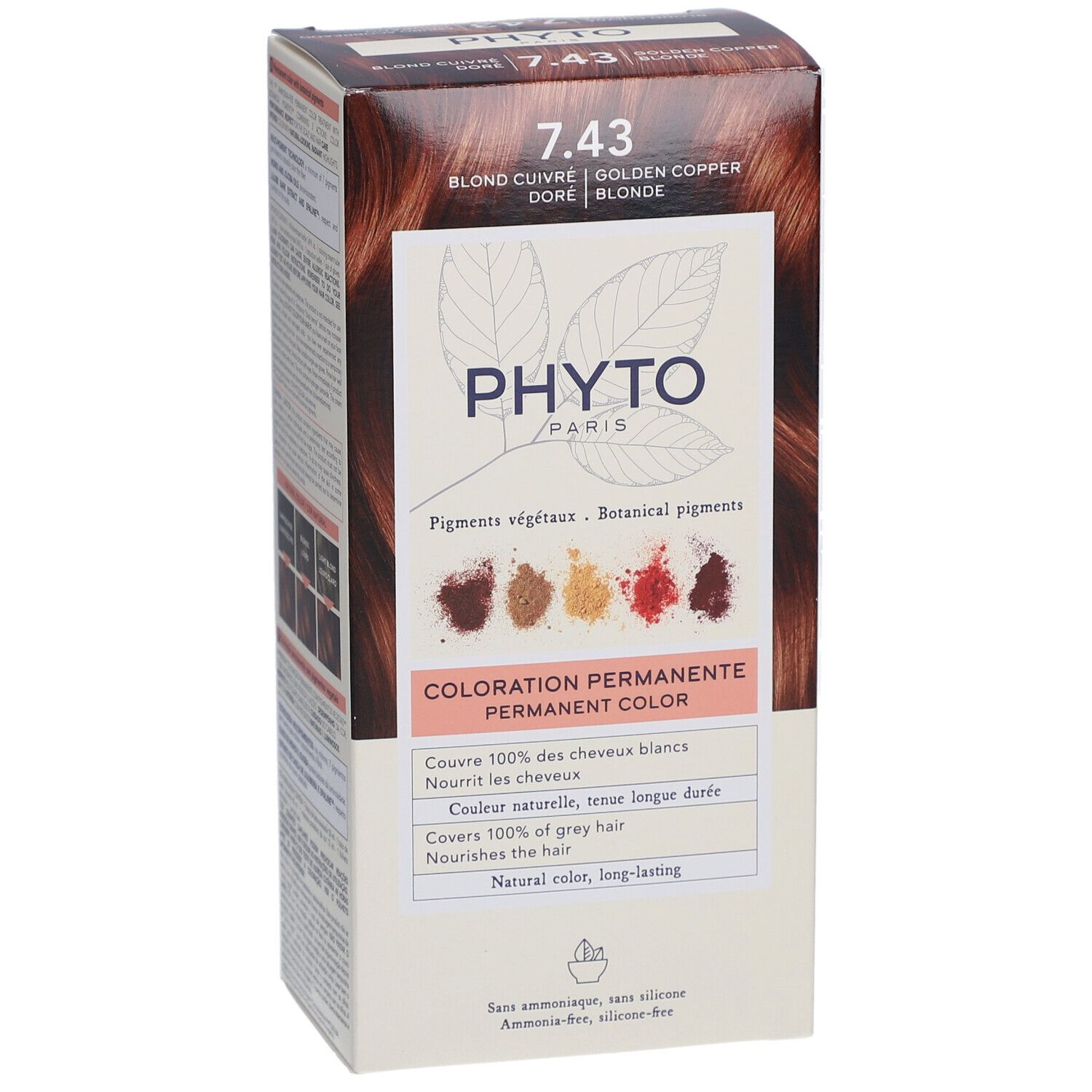 Haarfarbenverpackung 7.43 Blond Cuivré Doré. Marke PHYTO PARIS und Produktinformationen.