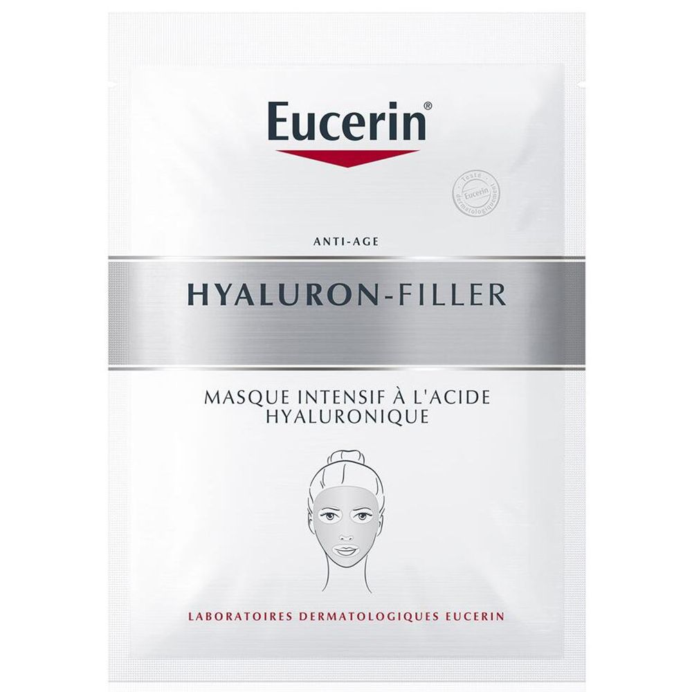 Sachet de masque facial blanc Eucerin. Inscription Hyaluron-Filler et logo. Illustration visage.