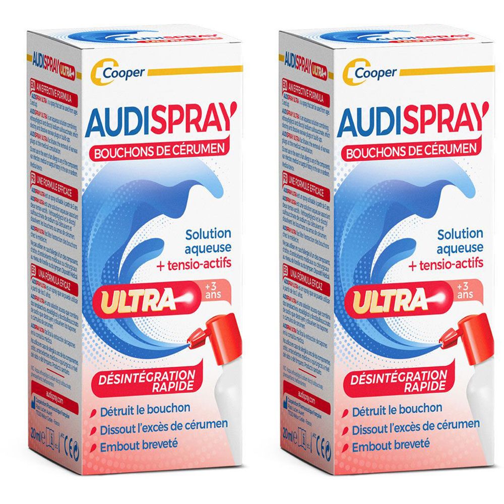 Deux boîtes Audispray Ultra côte à côte. Boîtes blanches et rouges avec nom du produit et vague bleue.