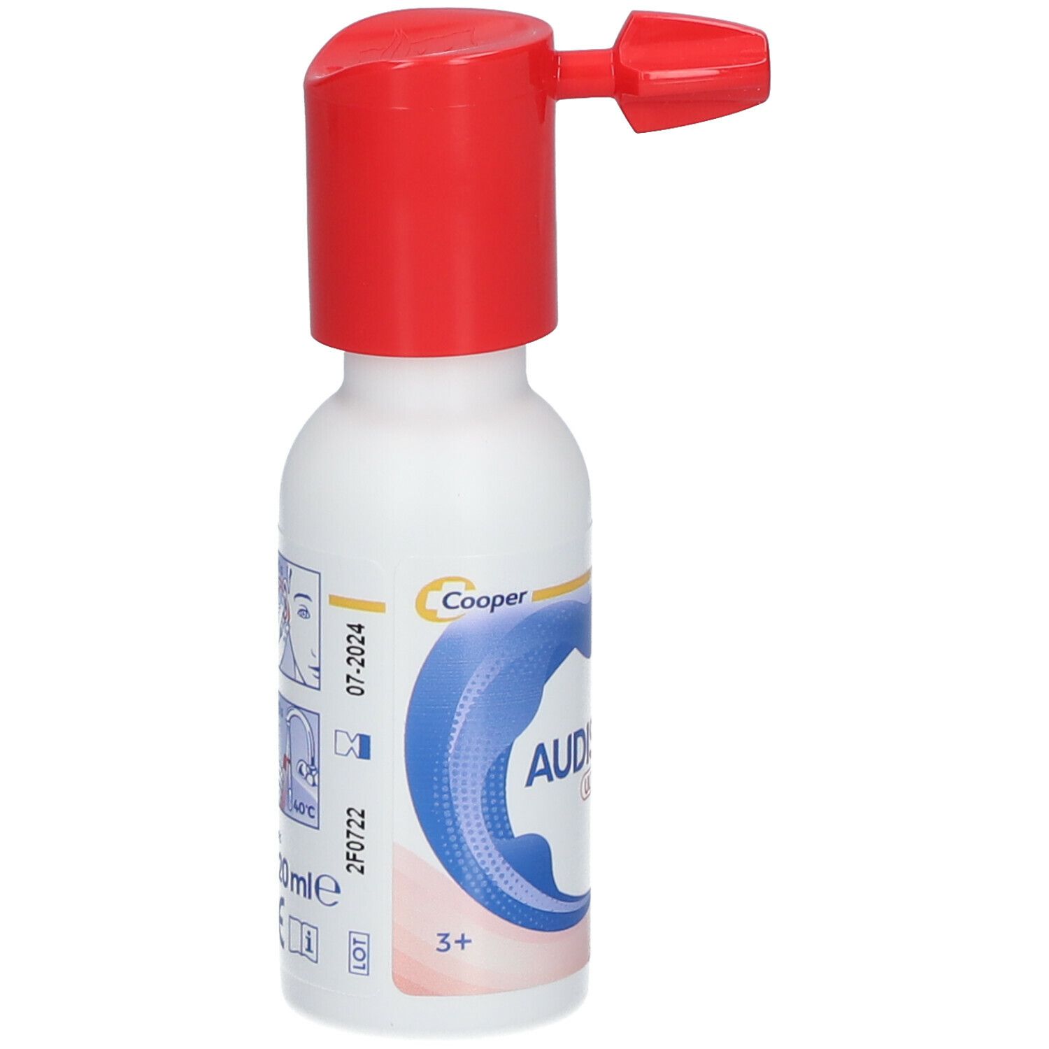 Flacon Audispray Ultra. Flacon blanc avec embout rouge. Impression avec date de péremption et marquage CE.