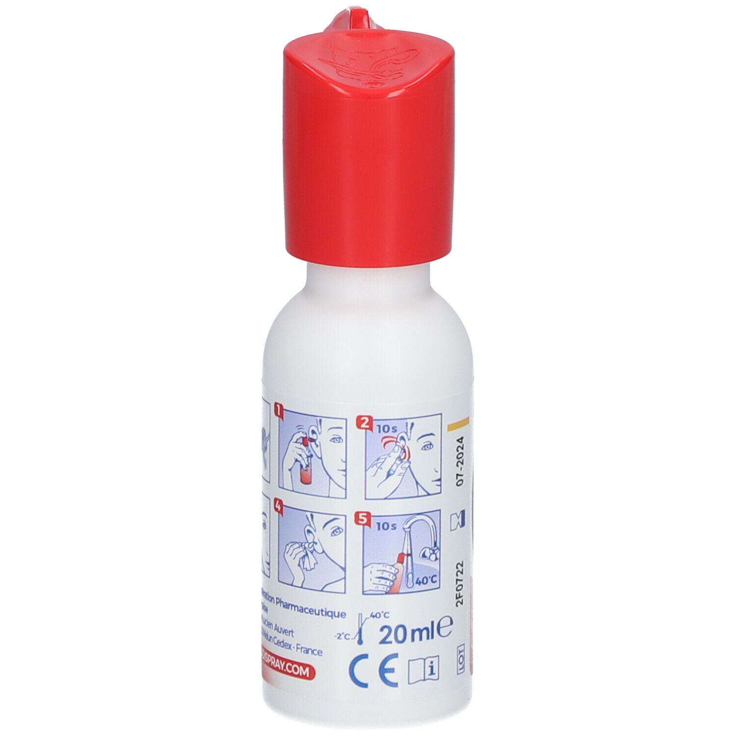 Flacon Audispray Ultra. Flacon blanc avec embout rouge. Impression avec instructions d'utilisation.