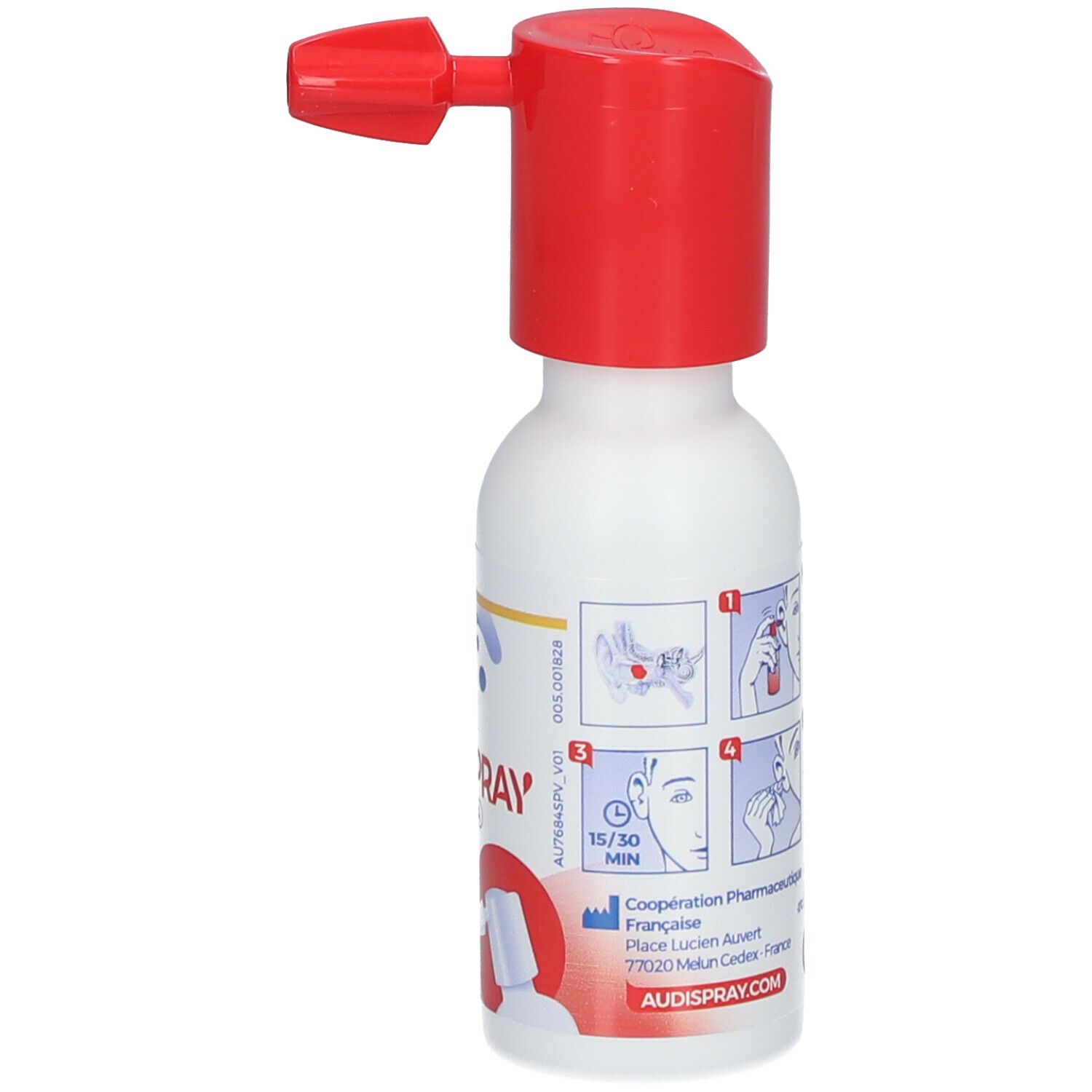 Flacon Audispray Ultra. Flacon blanc avec embout rouge. Impression avec instructions d'utilisation.