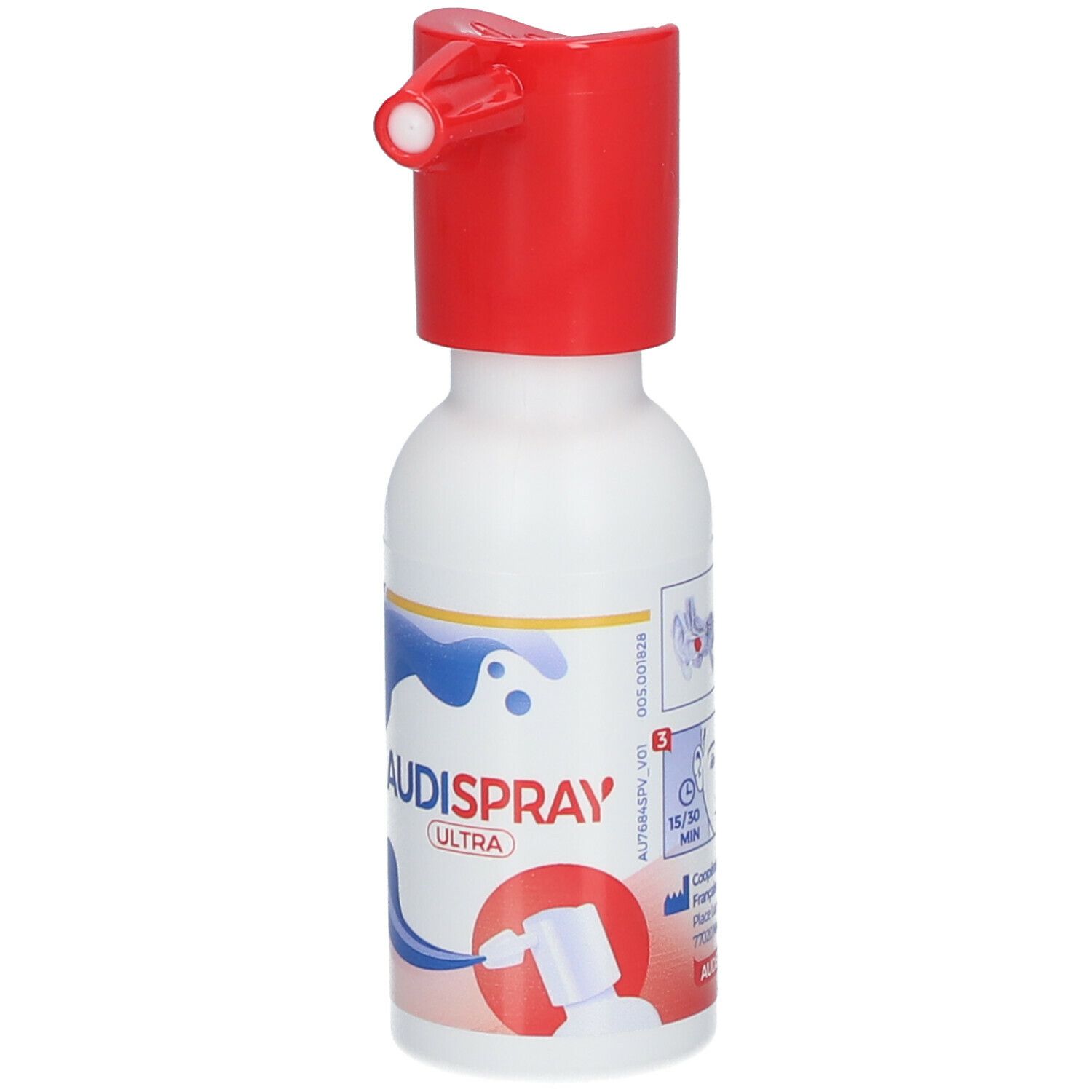 Flacon Audispray Ultra. Flacon blanc avec embout rouge. Impression avec instructions d'utilisation.