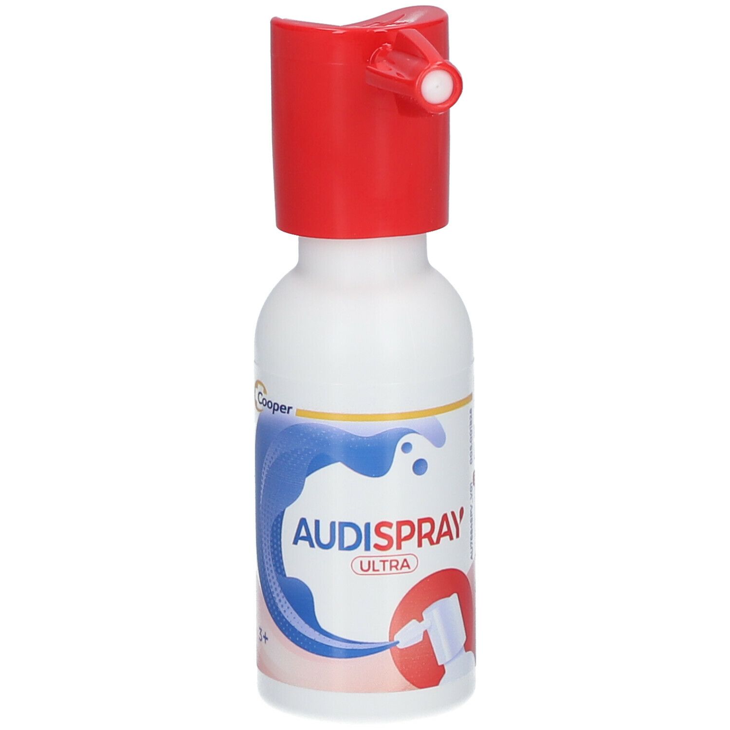Flacon Audispray Ultra. Flacon blanc avec embout rouge. Impression avec informations sur le produit.