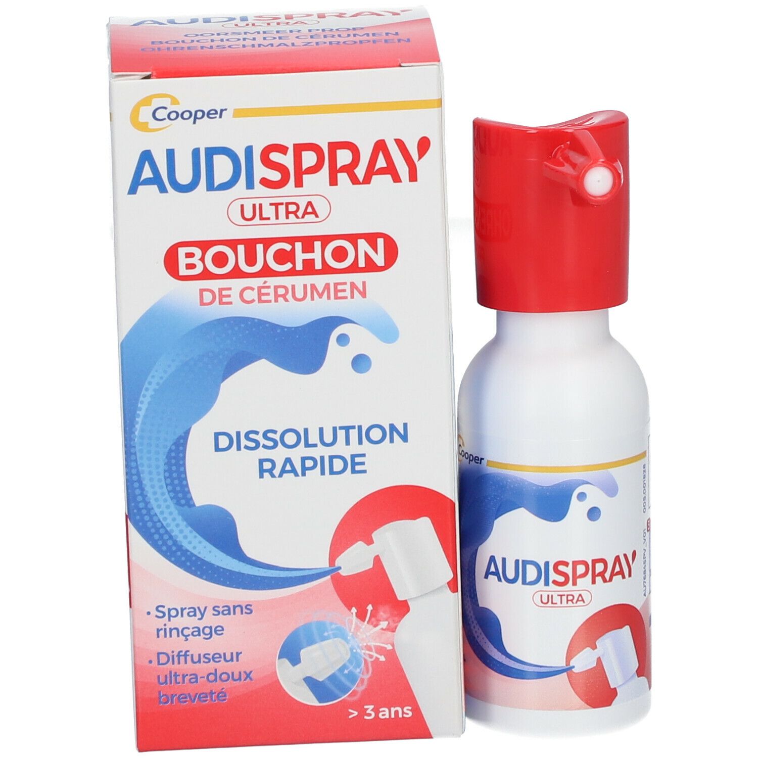 Boîte et flacon Audispray Ultra. Boîte blanche et rouge et flacon avec embout rouge.