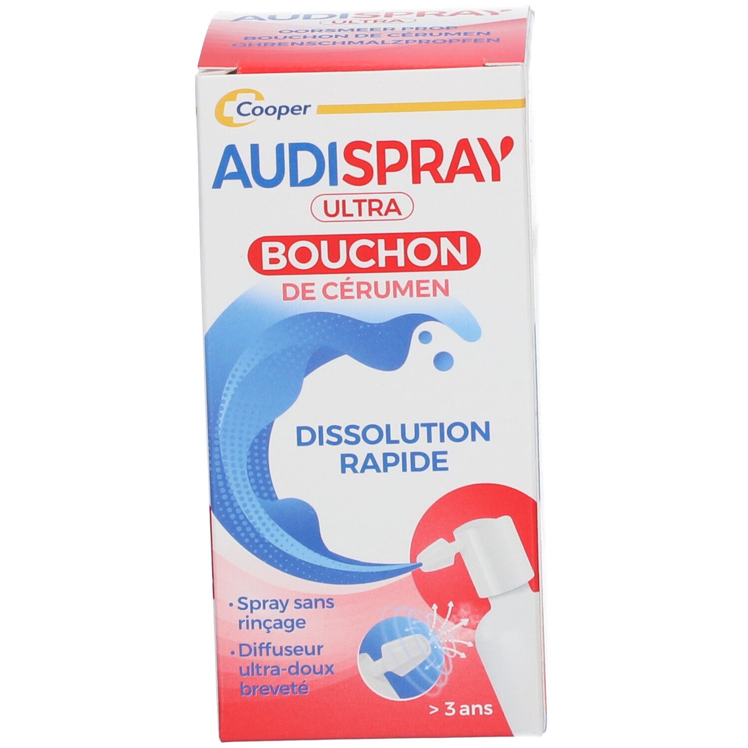 Boîte Audispray Ultra. Boîte blanche et rouge avec nom du produit et vague bleue.