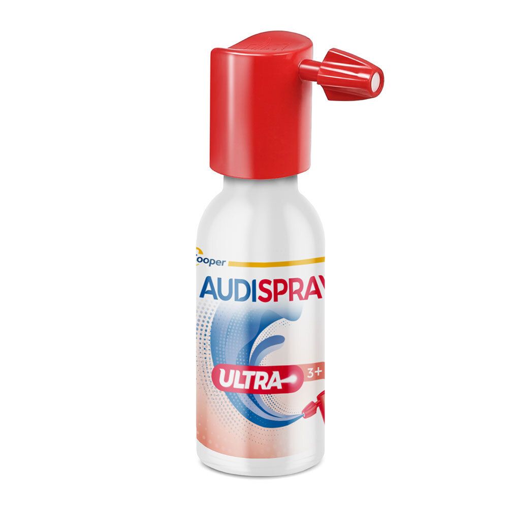 Flacon Audispray Ultra. Flacon blanc avec embout rouge. Nom du produit et vague bleue sur l'étiquette.