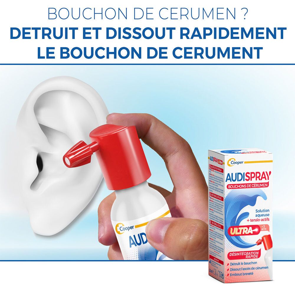 Main tenant un flacon Audispray Ultra pulvérisant dans une oreille. Boîte en arrière-plan. Texte : « Bouchon de cérumen ? ».