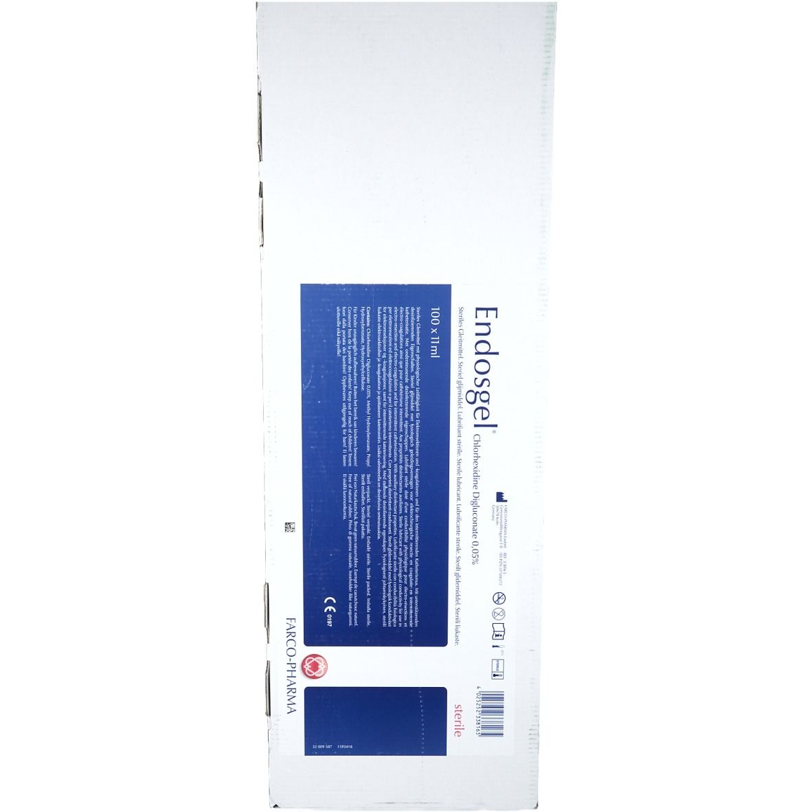 Endosgel®-Verpackung, Rückseite. Weiße Verpackung mit blauem Textfeld. Text in mehreren Sprachen. Steril.