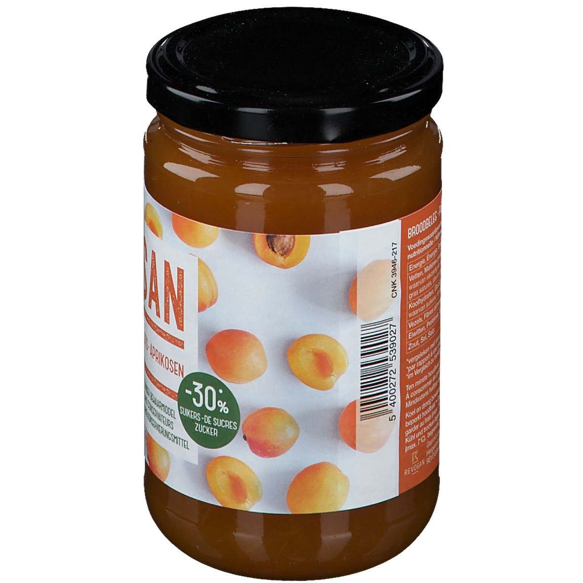 Pot de confiture d'abricots Allsan, vue en biais. Étiquette avec nom du produit, abricots et -30% de sucre.