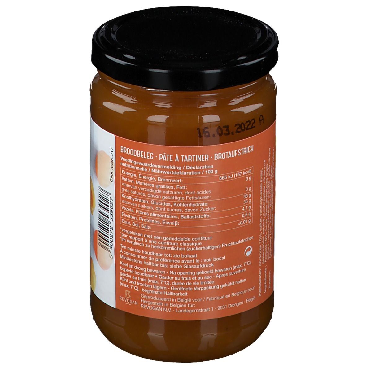 Dos d'un pot de confiture d'abricots Allsan. Étiquette avec informations nutritionnelles et liste des ingrédients.