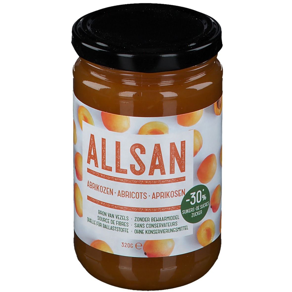 Pot de confiture d'abricots Allsan. Étiquette avec nom du produit, abricots et indication -30% de sucre.