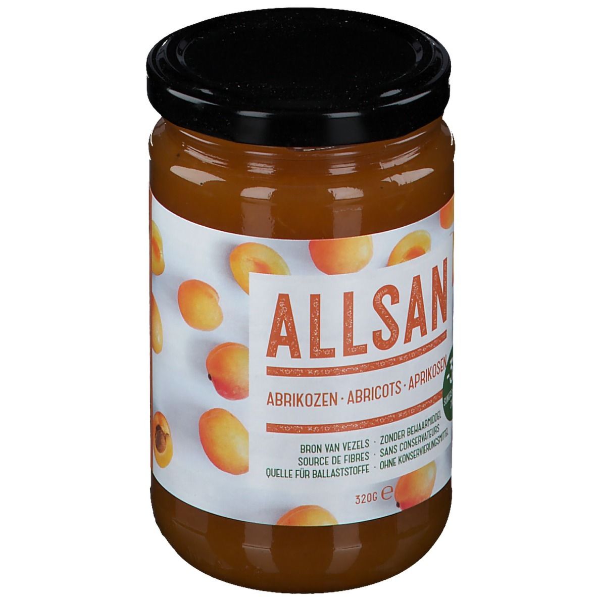 Pot de confiture d'abricots Allsan. Étiquette avec nom du produit, abricots et indication -30% de sucre.